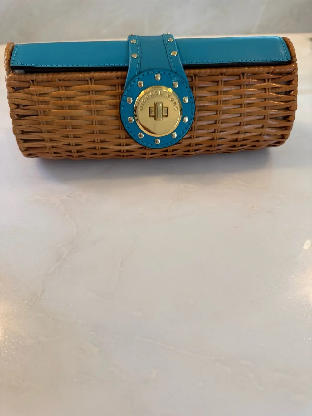 Michael Kors Wicker Clutch with Teal Trim and Gold Hardware